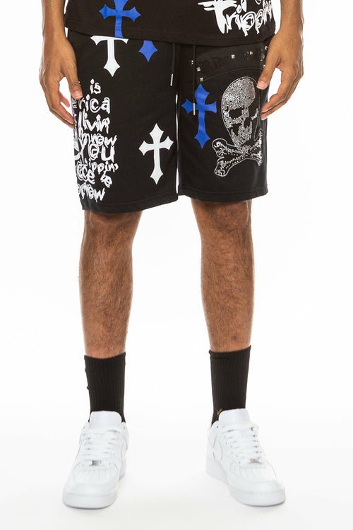 Bejewelled Chrome Skull Shorts - JSL FashionMen's ClothingJSL FashionLime MiloEMS4107 - BLKBLUE - 3X