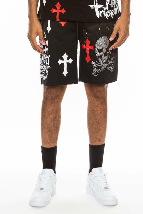 Bejewelled Chrome Skull Shorts - JSL FashionMen's ClothingJSL FashionLime MiloEMS4107 - BLKRED - 3X