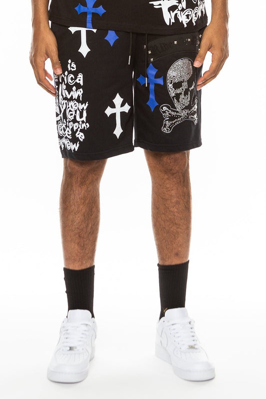 Bejewelled Chrome Skull Shorts - JSL FashionMen's ClothingJSL FashionLime MiloEMS4107 - WHITEBLUE - L