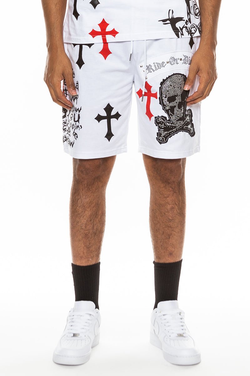 Bejewelled Chrome Skull Shorts - JSL FashionMen's ClothingJSL FashionLime MiloEMS4107 - WHITEBLUE - L