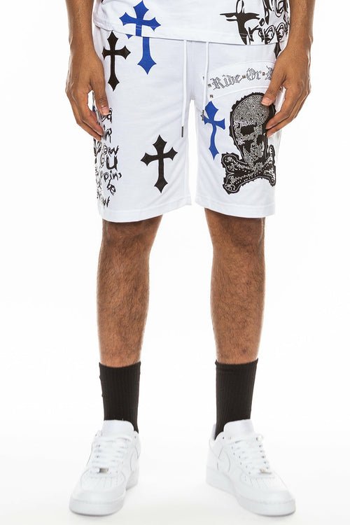 Bejewelled Chrome Skull Shorts - JSL FashionMen's ClothingJSL FashionLime MiloEMS4107 - WHITEBLUE - L