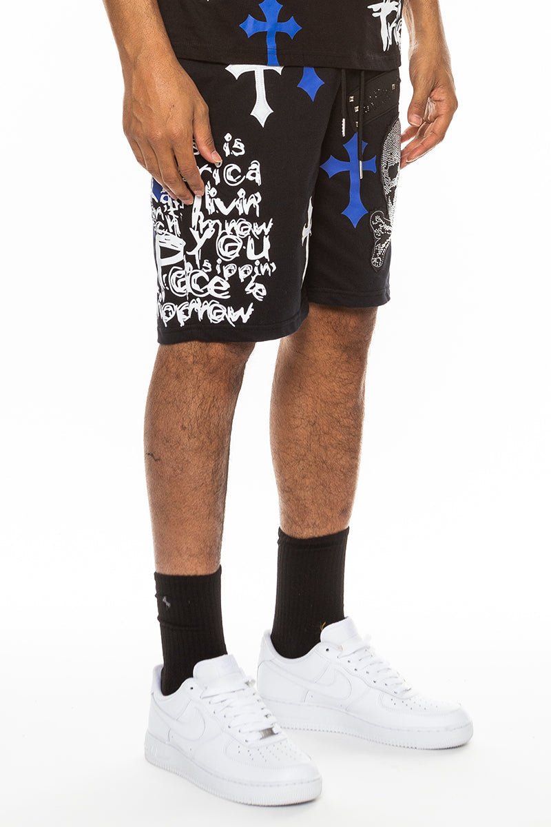 Bejewelled Chrome Skull Shorts - JSL FashionMen's ClothingJSL FashionLime MiloEMS4107 - WHITEBLUE - L