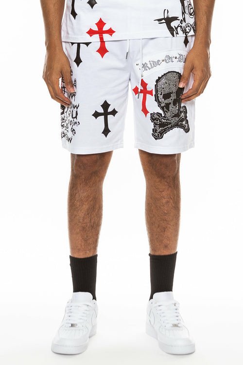 Bejewelled Chrome Skull Shorts - JSL FashionMen's ClothingJSL FashionLime MiloEMS4107 - WHITERED - S