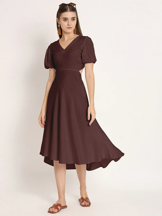 Brown Solid Puff Sleeves High Low Dress - JSL FashionWomen's ClothingJSL FashionPear Summer LilacAOM_23LBROWN