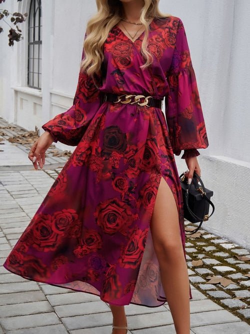 Devine Split Printed Surplice Long Sleeve Midi Dress - JSL FashionWomen's ClothingJSL FashionCoral Vanilla100100847367944