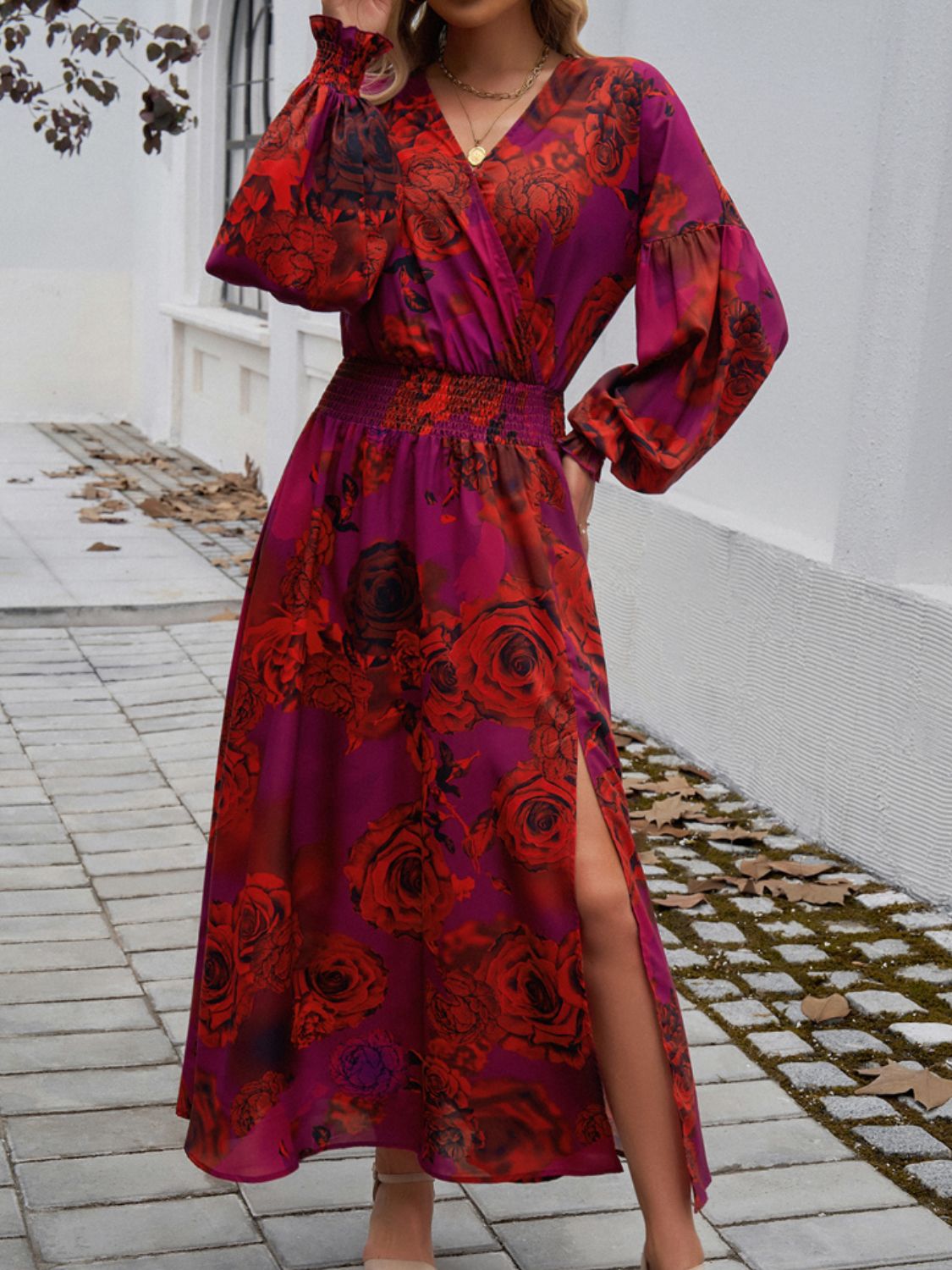 Devine Split Printed Surplice Long Sleeve Midi Dress - JSL FashionWomen's ClothingJSL FashionCoral Vanilla100100847367944