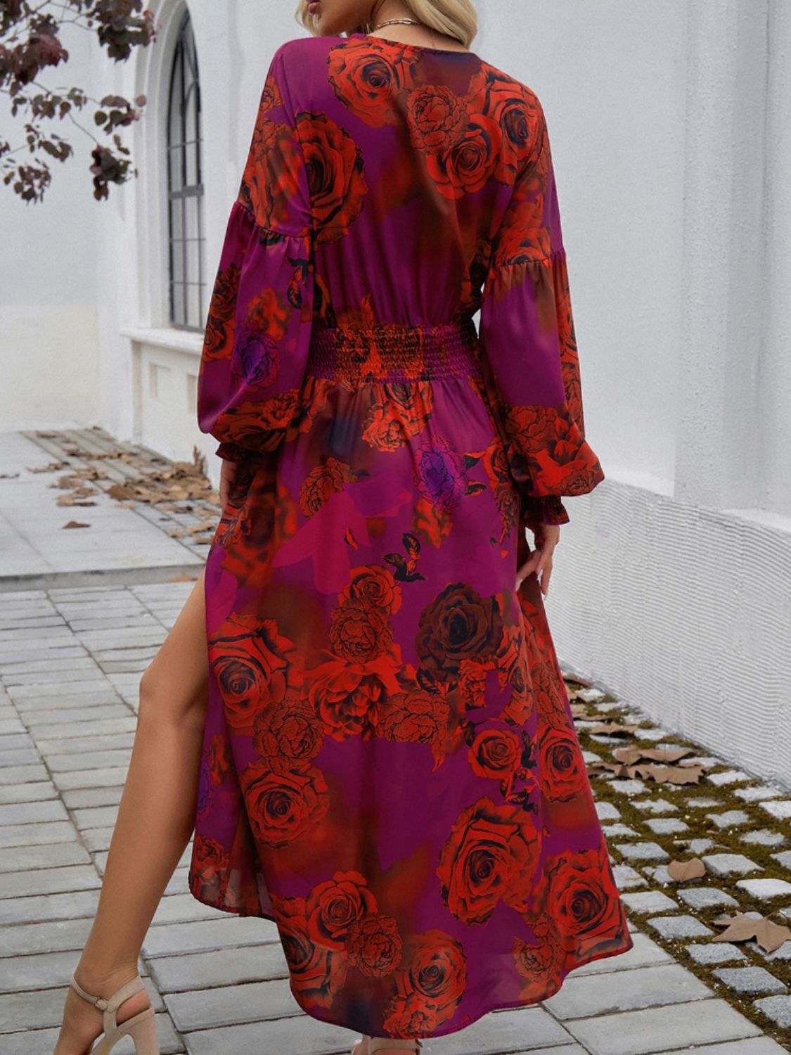 Devine Split Printed Surplice Long Sleeve Midi Dress - JSL FashionWomen's ClothingJSL FashionCoral Vanilla100100847367944