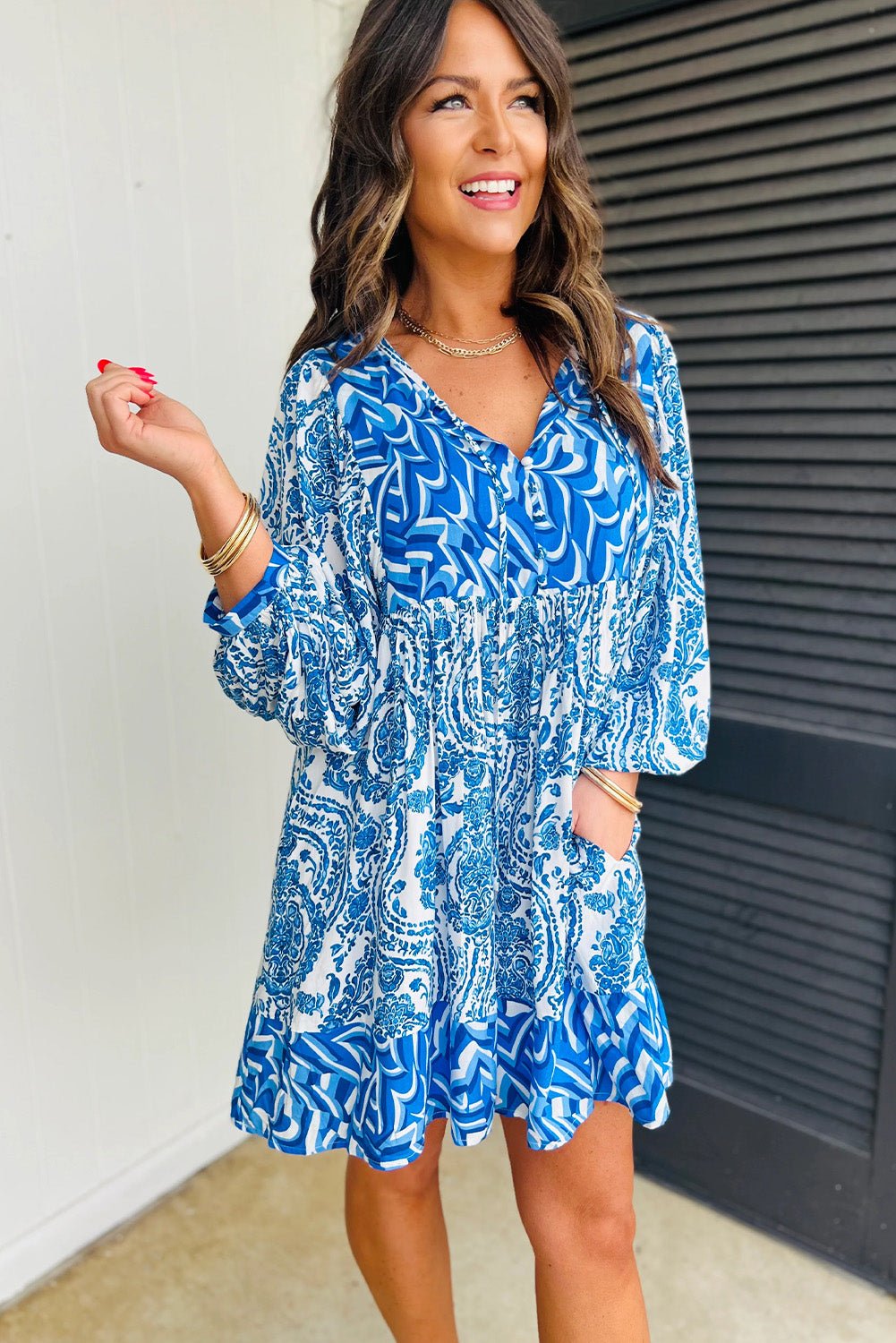 Green Bohemian Print Puff Sleeve Tied V Neck Flared Mini Dress - JSL FashionWomen's ClothingJSL FashionCoral VanillaLC6121325 - P420 - M