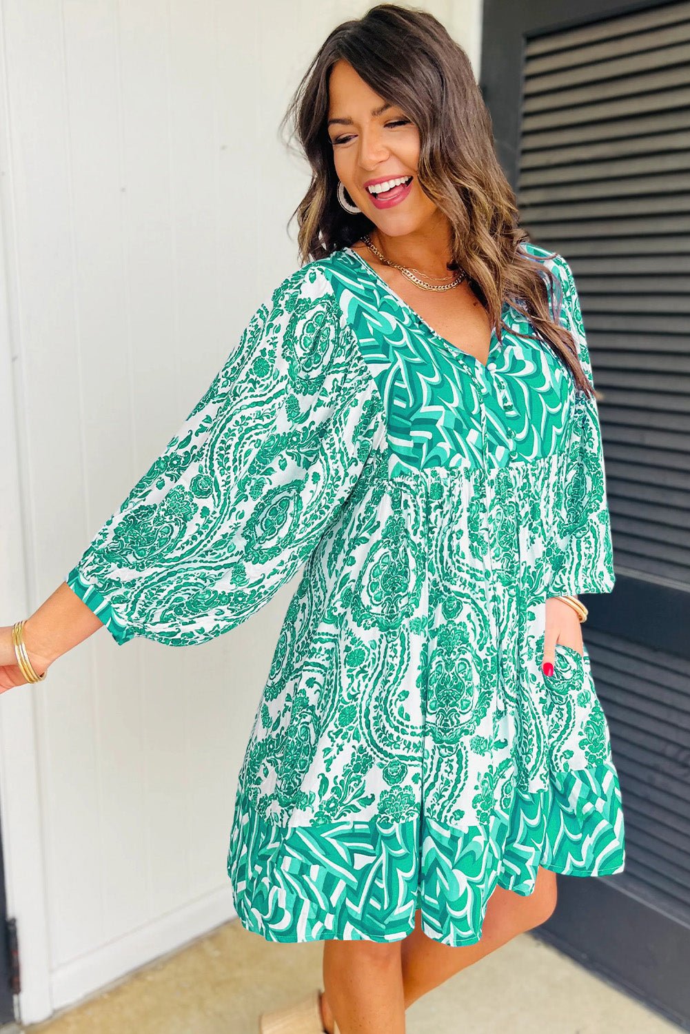 Green Bohemian Print Puff Sleeve Tied V Neck Flared Mini Dress - JSL FashionWomen's ClothingJSL FashionCoral VanillaLC6121325 - P420 - M