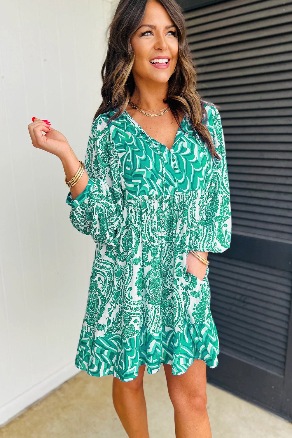 Green Bohemian Print Puff Sleeve Tied V Neck Flared Mini Dress - JSL FashionWomen's ClothingJSL FashionCoral VanillaLC6121325 - P420 - M