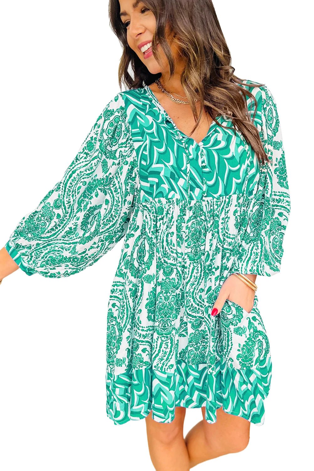 Green Bohemian Print Puff Sleeve Tied V Neck Flared Mini Dress - JSL FashionWomen's ClothingJSL FashionCoral VanillaLC6121325 - P420 - M