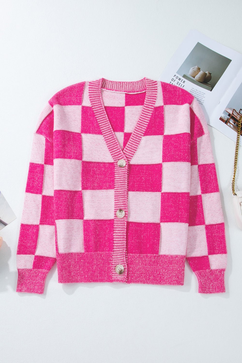 Orange Checkered Drop Shoulder Buttoned V Neck Cardigan - JSL FashionWomen's ClothingJSL FashionCoral VanillaLC2724992 - P1422 - S