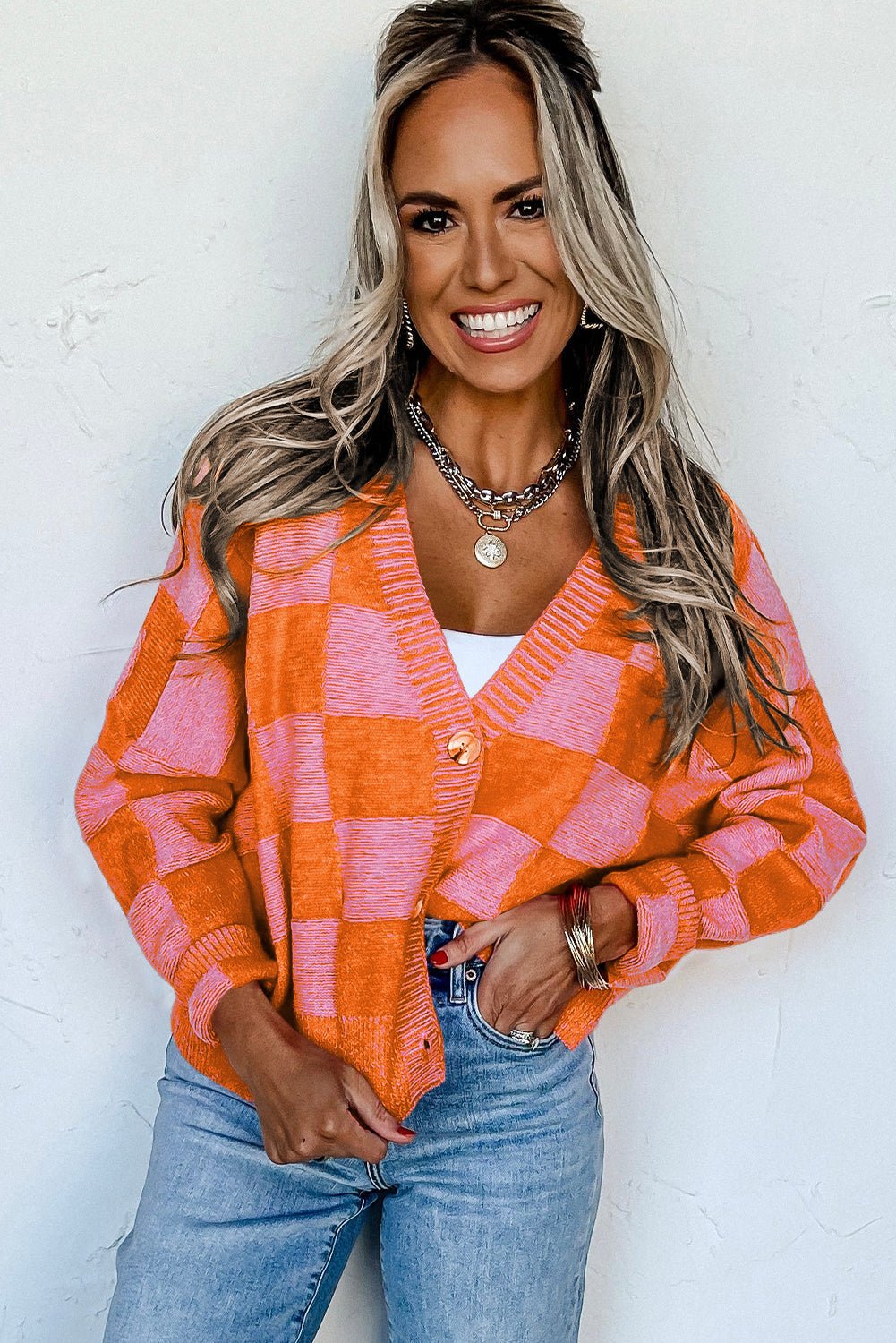 Orange Checkered Drop Shoulder Buttoned V Neck Cardigan - JSL FashionWomen's ClothingJSL FashionCoral VanillaLC2724992 - P1422 - S