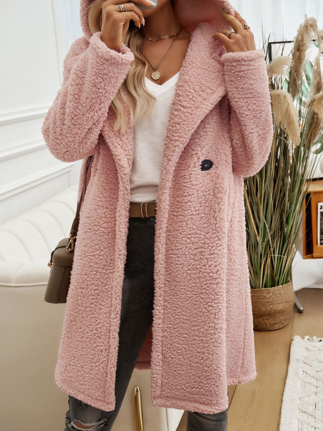 Pocketed Long Sleeve Hooded Teddy Coat - JSL FashionWomen's ClothingJSL FashionCoral Vanilla100100318792700