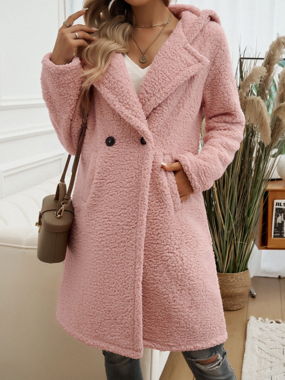 Pocketed Long Sleeve Hooded Teddy Coat - JSL FashionWomen's ClothingJSL FashionCoral Vanilla100100318792700