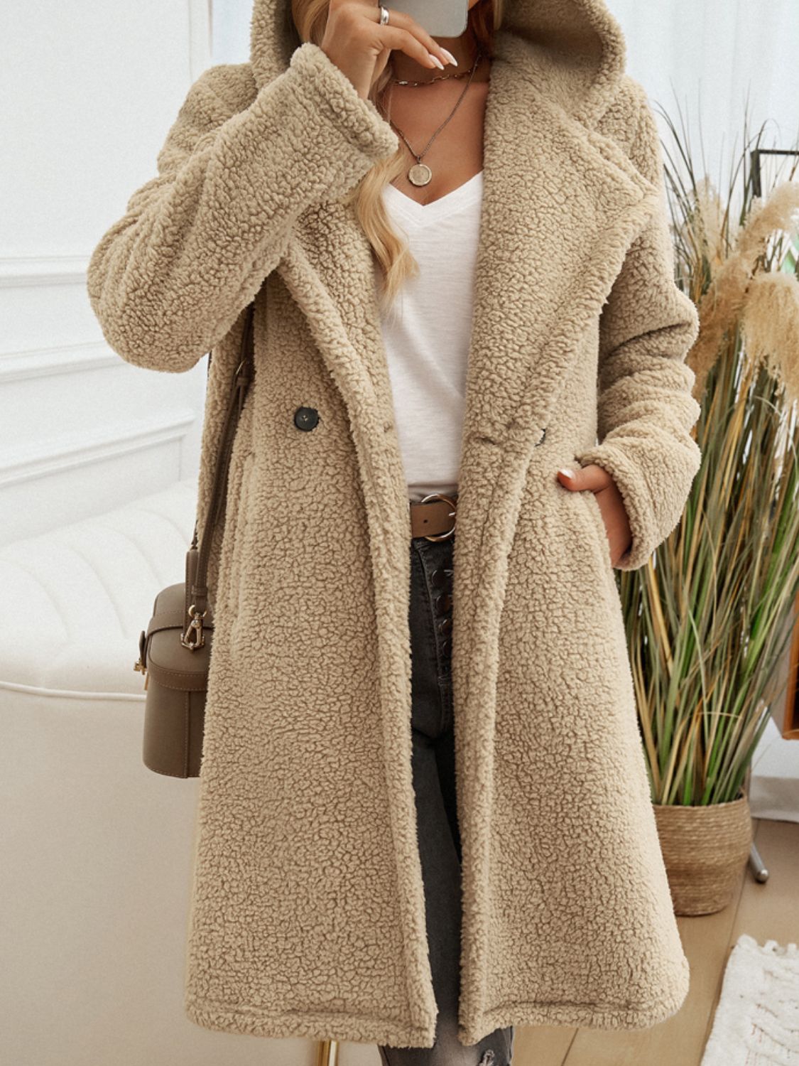 Pocketed Long Sleeve Hooded Teddy Coat - JSL FashionWomen's ClothingJSL FashionCoral Vanilla100100318792700