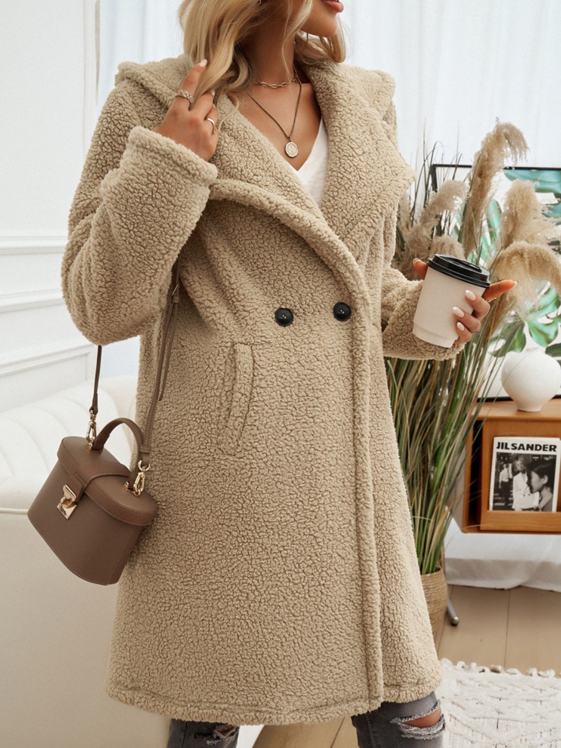 Pocketed Long Sleeve Hooded Teddy Coat - JSL FashionWomen's ClothingJSL FashionCoral Vanilla100100318792700