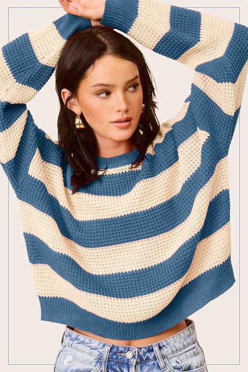 Striped Round Neck Loose Fit Sweater - JSL FashionWomen's ClothingJSL FashionCoral Vanilla1000002218370