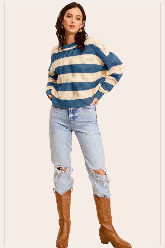 Striped Round Neck Loose Fit Sweater - JSL FashionWomen's ClothingJSL FashionCoral Vanilla1000002218373