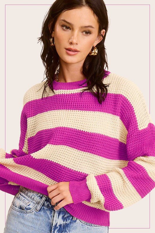 Striped Round Neck Loose Fit Sweater - JSL FashionWomen's ClothingJSL FashionCoral Vanilla1000002218373