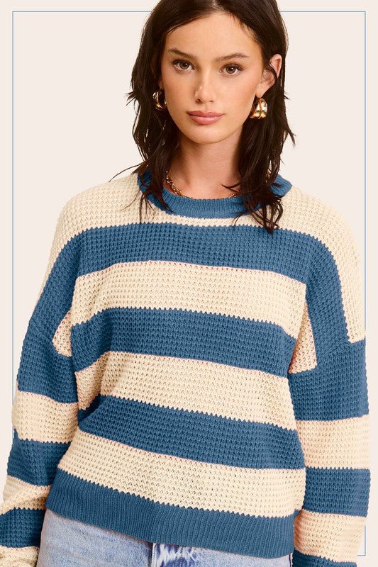 Striped Round Neck Loose Fit Sweater - JSL FashionWomen's ClothingJSL FashionCoral Vanilla1000002218373