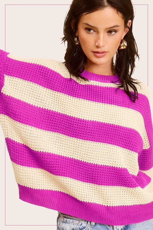 Striped Round Neck Loose Fit Sweater - JSL FashionWomen's ClothingJSL FashionCoral Vanilla1000002218373