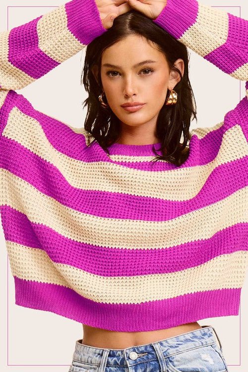 Striped Round Neck Loose Fit Sweater - JSL FashionWomen's ClothingJSL FashionCoral Vanilla1000002218373