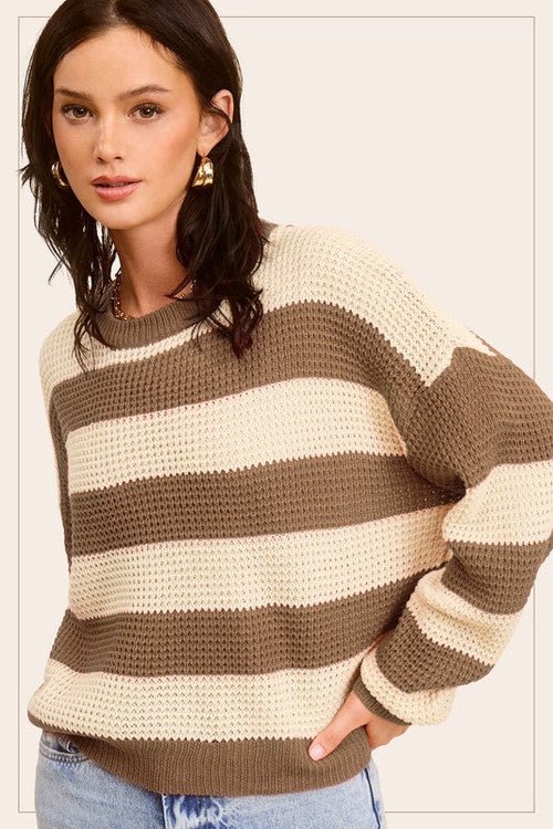 Striped Round Neck Loose Fit Sweater - JSL FashionWomen's ClothingJSL FashionCoral Vanilla1000002218374