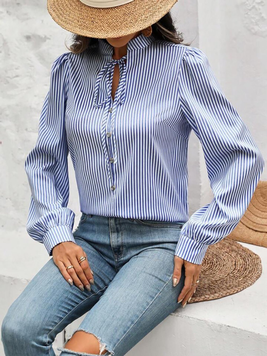 Striped Tie Neck Long Sleeve Blouse - JSL FashionWomen's ClothingJSL FashionCoral Vanilla100100239801442