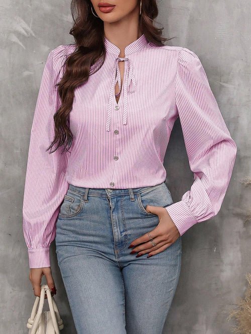 Striped Tie Neck Long Sleeve Blouse - JSL FashionWomen's ClothingJSL FashionCoral Vanilla100100239801442