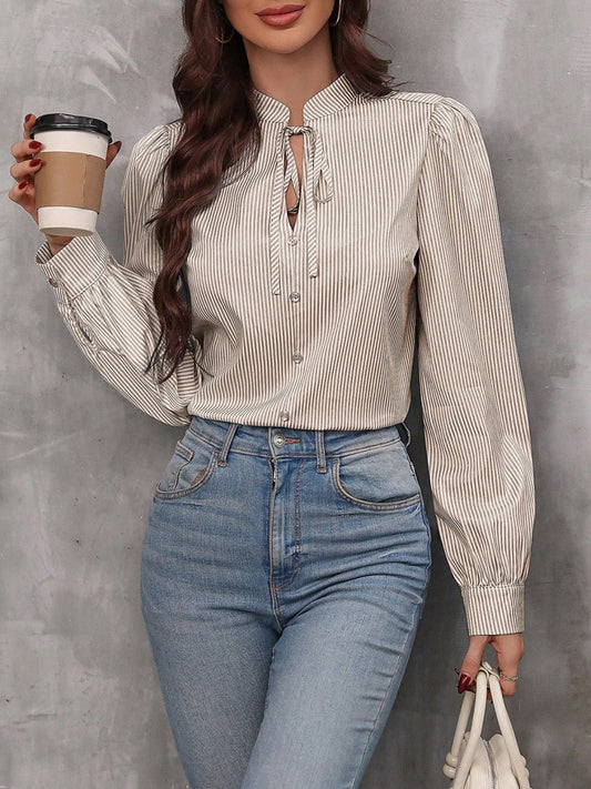 Striped Tie Neck Long Sleeve Blouse - JSL FashionWomen's ClothingJSL FashionCoral Vanilla100100239801442