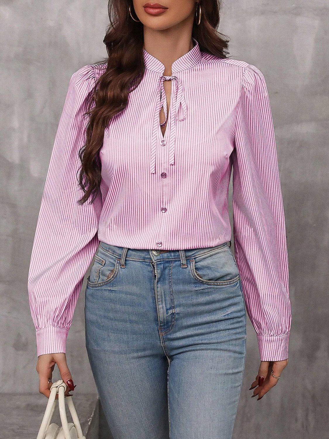 Striped Tie Neck Long Sleeve Blouse - JSL FashionWomen's ClothingJSL FashionCoral Vanilla100100239801442