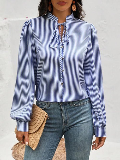 Striped Tie Neck Long Sleeve Blouse - JSL FashionWomen's ClothingJSL FashionCoral Vanilla100100239802141