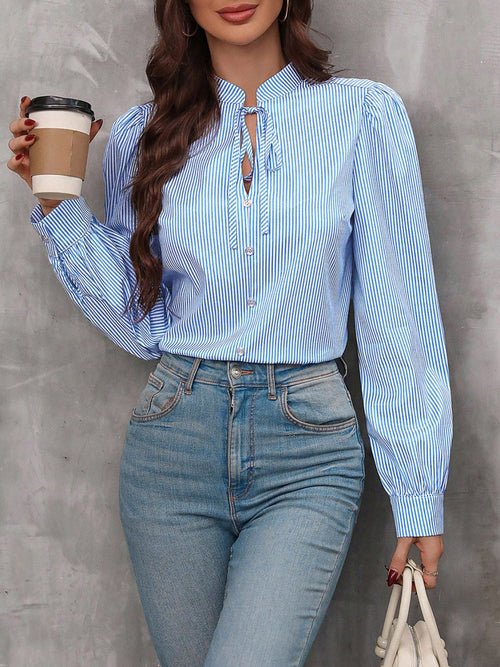 Striped Tie Neck Long Sleeve Blouse - JSL FashionWomen's ClothingJSL FashionCoral Vanilla100100239804104