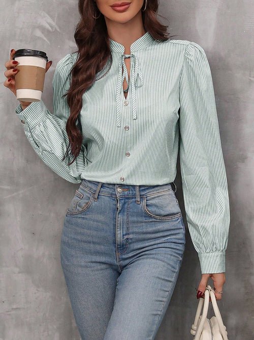 Striped Tie Neck Long Sleeve Blouse - JSL FashionWomen's ClothingJSL FashionCoral Vanilla100100239806990