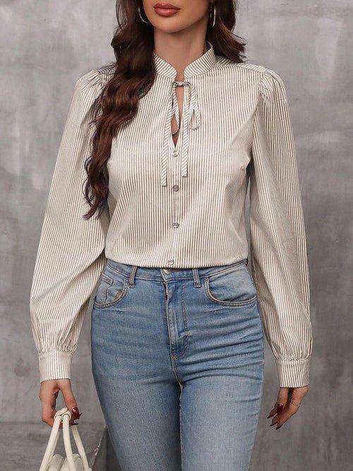 Striped Tie Neck Long Sleeve Blouse - JSL FashionWomen's ClothingJSL FashionCoral Vanilla100100239808359