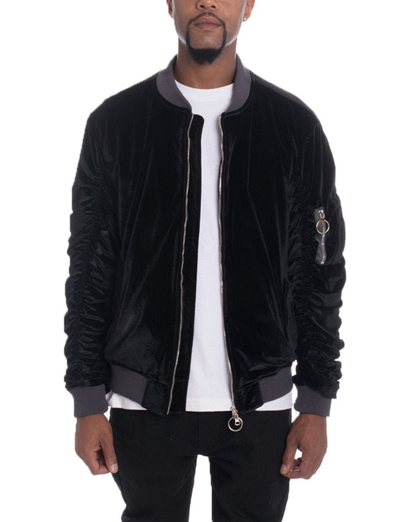 Velour Cinch Sleeve Bomber Jacket - JSL FashionJackets & CoatsJSL FashionLime Milo6113 - BLK - XL