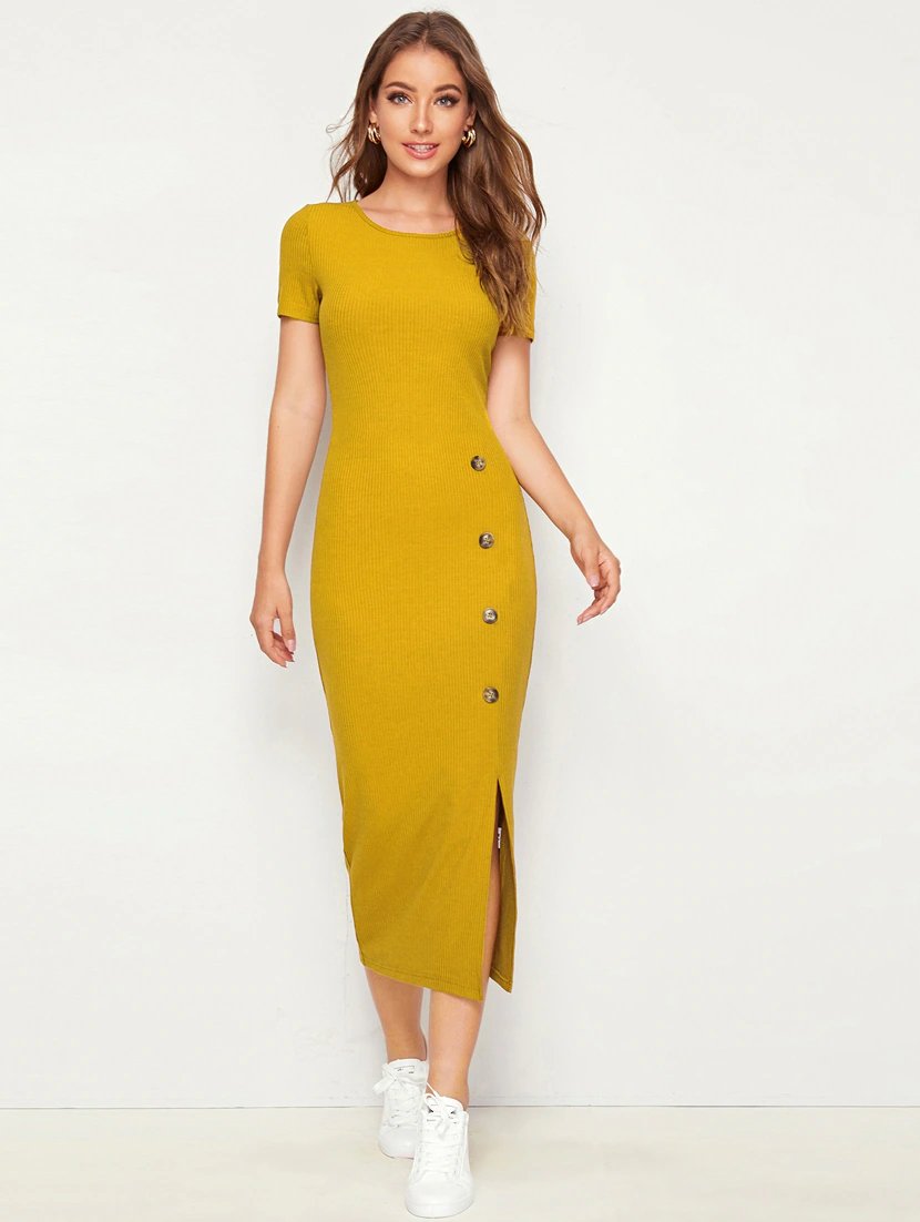 Women Mustard Solid Bodycon Dress - JSL FashionWomen's ClothingJSL FashionPear Summer LilacAOM_65SMUSTARD