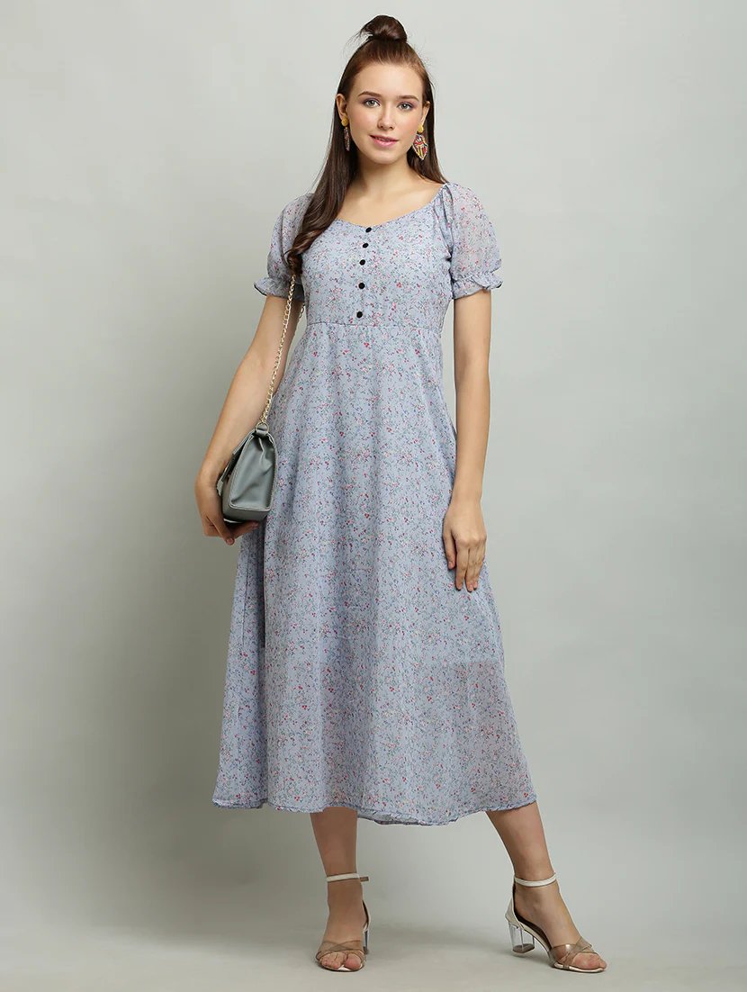 Women Printed Puff Sleeves A - Line Dress - JSL FashionWomen's ClothingJSL FashionPear Summer LilacAOM_43LBLUE