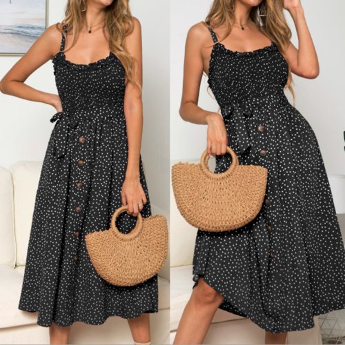 Women Spaghetti Straps Polka Dot Maxi Dress - JSL FashionDressesJSL FashionYellow PandoraSPCSY220308B2 - BLK - S