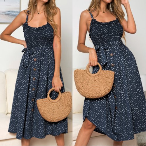 Women Spaghetti Straps Polka Dot Maxi Dress - JSL FashionDressesJSL FashionYellow PandoraSPCSY220308B2 - NVY - XS