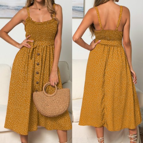 Women Spaghetti Straps Polka Dot Maxi Dress - JSL FashionDressesJSL FashionYellow PandoraSPCSY220308B2 - YLW - XS