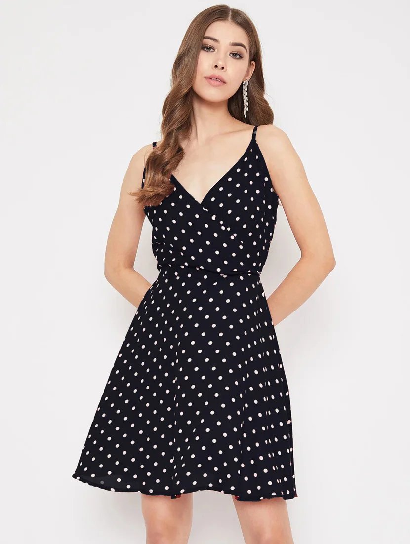 Women V Neck Polka Dots Printed A - Line Dress - JSL FashionWomen's ClothingJSL FashionPear Summer LilacAOM_119LBLACK