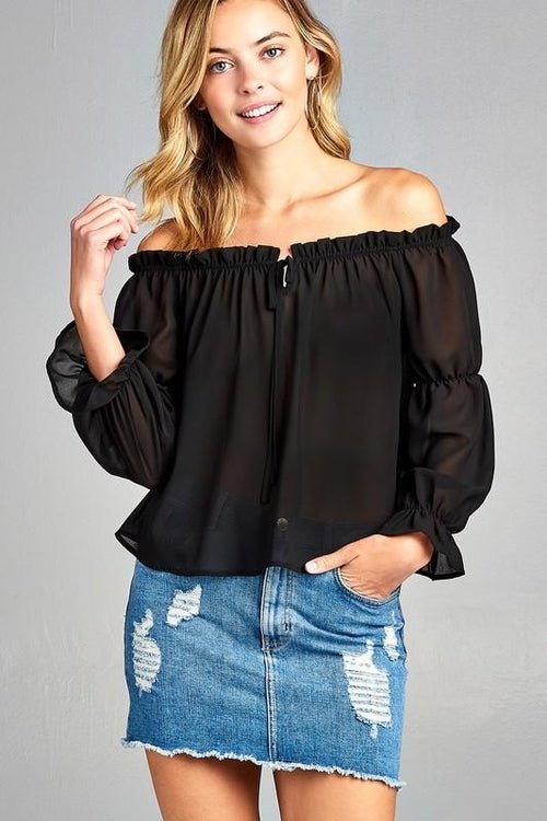 Women's Puff Long Sleeve Ruffled Front Tie Off Shoulder Top - JSL FashionTops & BlousesJSL FashionIvory FelixMM3238 - BLK - S