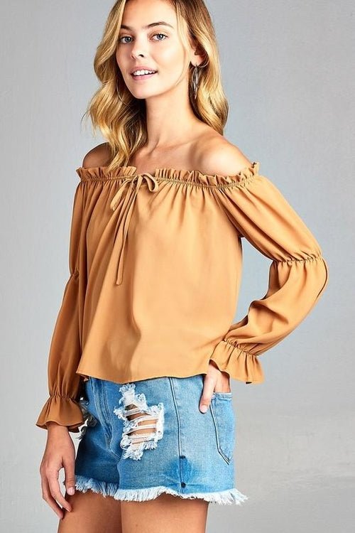 Women's Puff Long Sleeve Ruffled Front Tie Off Shoulder Top - JSL FashionTops & BlousesJSL FashionIvory FelixMM3238 - YLW - L